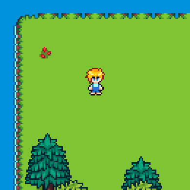 A player on their island, between pines and fruit trees